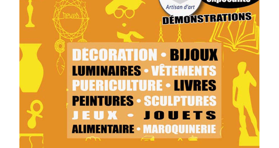 Affiche pour le grand marché de la création. Le fond est orange, et par dessus se découpent des silhouettes jaunes représentants divers objets (vêtements, accessoires, sculptures...). En haut, un grand cadre débullé orange et blanc indique "Grand marché de la création, salle polyvalente, 92 avenue professeur Tixier, Bourgoin Jallieu". A droite du cadre, un petit cercle noir dans lequel est inscrit, en orange et blanc, "7ème édition". En dessous du cadre, un logo indiquant la présence d'artisans d'arts et un ovale noir indiquant "+ de 75 exposants". En dessous un texte en noir indique "Démonstrations". Au centre, un cadre orange clair indique "Décorations·Bijoux·Luminaires·Vêtements·Puériculture·Livres·Peintures·Sculptures·Jeux·Jouets·Alimentaire·Maroquinerie". En dessous, un texte indique "Entrée gratuite", puis, à nouveau dans un cadre orange clair "Bar et snack sur place". A gauche, le logo du secours populaire(dessin enfantin d'une main blanche avec deux ailes rouge et bleu). A droite, un autre rectangke blanc débullé indiquant les dates et horaires de l'événement "8 (10 h-18h) et 9 (9h -18h) novembre 2025". Et enfin, un dernier bandeau blanc présentant les logos de la ville de Bourgoin-Jallieu, de la Caisse d'Epargne, de l'Isère et de l'Assurance Maladie.