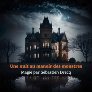Affiche pour le spectacle de magie du Balmoween.  On y voit un manoir entouré de deux arbres sans feuilles se reflétant dans un étang lors d'une nuit de pleine lune. En dessous du manoir, un titre en orange indique "une nuit au manoir des monstres", suivi du texte blanc "magie par  Sébastien Drecq".