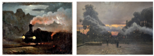 Les tableaux Locomotive dans la Nuit et le Passage  à Niveau.A gauche, Locomotive dans la Nuit. Une locomotive, qui vient de la droite du cadre, file dans l'obscurité. Ses phares allumés semblent avoir du mal à percer le brouillard. On distingue à peine le paysage en arrière plan, seul le haut des montagnes se découpent dans la lumière d'une lune légèrement voilée par un ciel aux nuages menaçants. La fumée sortant de la cheminée du train a l'air de se mêler à des braises, et le train semble presque enflammée. On sent les influences probablement romantiques du peintre Louis Beysson dans les couleurs autant que dans le trait.A droite, le Passage à Niveau de William Didier-Pouget. Cette fois-ci, l'élément principal est centré horizontalement. Le premier plan est presque vide : 3 silhouettes humaines se promènent sur un chemin à côté de ce qui semble être un passage à niveau. Ce sont probablement des bergers, puisque qu'un chien les accompagne ainsi que ce qui semble être un troupeau de moutons. Ceux-ci, justement, sont attroupés devant une grande barrière qui sépare la peinture en deux. Derrière la barrière, au centre, une grande locomotive est en train d'arriver. Sur les côtés, en plus des arbres qui longent la voie ferrée, on aperçoit la silhouette d'un village et quelques réverbères. A l'arrière plan, le ciel nuageux laisse entrevoir ce qui peut-être un coucher ou un lever de soleil. 