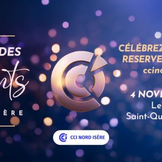 Visuel promotionnel. Le fond dégradé bleu foncé est teinté de divers cercles de lumière. Au centre, le logo argenté du CCI Nord Isère.. A gauche, un texte indique "Soirée des Talents Nord Isère", en blanc. A droite, un autre texte couleur crème indique "Célébrez l'entreprise, réservez vos places, ccinordisere.fr" Puis en blanc à nouveau sont indiqué-es la date et le lieu : 4 novembre 2024, le Médian, St Quentin Fallavier.