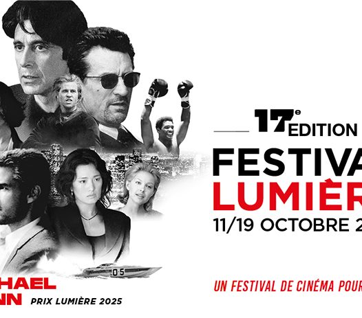Visuel pour le festival Lumière 2025. A gauche de l'image, un collage en noir et blanc de plusieurs éléments de films de Michael Mann ; indiqué juste en dessous comme étant lePrix Lumière 2025. Tout en haut à droite de l'image, le logo de l'Institut Lumière. En dessous, un gros titre indique "17ème édition du Festival Lumière", et, en plus petit "11/19 octobre 2025". En dessous, en rouge, le slogan du festival "Un festival de cinéma pour tous!".