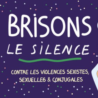 Visuel pour le festival Brisons le Silence. Le fond est violet, avec des petits pois colorés comme des sortes de confettis. Au centre, en blanc, dans une police manuscrite majuscule, le titre: "Brisons le silence", souligné par une petite vague verte. En dessous, la légende indique "contre les violences sexistes, sexuelles et conjugales". De part et d'autres du visuel, des personnages en dessin. A gauche, deux femmes. L'une, qui semble avoir les cheveux décolorés, sourit. Elle brandit de sa main droite une pancarte indiquant "Filactions présente son 21ème festival". Elle tient des tracts dans sa main gauche, les retenant contre son coeur. L'autre, légèrement devant, semble plus âgée. Plus grosse, elle tient dans sa main droite une pancarte indiquant "21 au 29 novembre, métropole de Lyon". Dans sa main gauche, elle a une baguette, avec laquelle elle joue du tambour. A droite, trois autres femmes. La première, derrière, se trouve sur une sorte de balançoire avec une caméra. Elle est également légèrement grosse, et sa peau est marron. La deuxième, qui a les cheveux courts et de grosses lunettes rondes, joue de la guitare. Et la dernière, devant les deux autres, est une femme noire aux cheveux violets. Elle porte un mégaphone à sa bouche, en souriant.