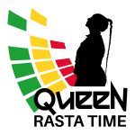 Sur un fond blanc se découpe le profil gauche d'une femme à la longue tresse, légèrement penchée en arrière et coupée en haut des cuisses. Sur sa gauche, 3 barres de son, de 3 couleurs différentes : verte, jaune, et rouge. Juste en dessous de la silhouette, chevauchant les barres verte et rouge, le titre de l'émission : "Queen Rasta Time".