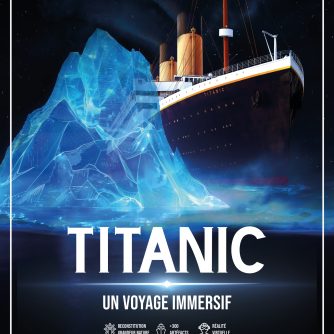 L'océan, de nuit. Un immense paquebot, le Titanic, frôle un iceberg bleu translucide. En haut, un texte indique : expo-titanic.com. Juste en dessous de l'iceberg, en gros?, centré "Titanic", et en plus petit, comme une légende "un voyage immersif". En plus petit, 3 idéogrammes indiquent "reconstitution grandeux nature", "+300 artefacts", et "réalité virtuelle". Un texte en bas à gauche indique "départ : 30 septembre 2025", et un autre en bas à droite "la Sucrière-Lyon".