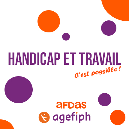 Visuel pour l'émission "handicap et travail: c'est possible". Le fond est blanc, avec quelques bulles de tailles différentes et de couleurs violette et orange. Le titre est séparé en deux : au centre, en majuscules violettes : HANDICAP ET TRAVAIL. Légèrement en biais, sur la droite, en écriture cursive ; c'est possible! En dessous, les logos de l'AFDAS et de l'AGEFIPH, partenaires de l'émission. Je vous précise également un détail, si vous utilisez un lecteur d'écran. Je trouve ça très ironique que cette émission veuille mettre les personnes handi au travail, mais par contre que quand il faille décrire les images pour les personnes aveugles et malvoyantes ; ça soit systématiquement au service civique d'en prendre l'initiative. Après évidemment vu qu'à aucun moment le mot "validisme" est prononcé dans l'émission, c'est pas très étonnant.