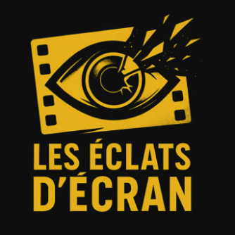 Logo du festival Eclats d'Ecran. Jaune sur fond noir. Au dessus d'un texte indiquant "Les éclats d'écran", dans une police capitale sans serifs, une pellicule légèrement en bais, au centre de laquelle se trouve un oeil , sur la pupille duquel sont projetés plusieurs éclats de verre.