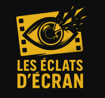 Logo du festival Eclats d'Ecran. Jaune sur fond noir. Au dessus d'un texte indiquant "Les éclats d'écran", dans une police capitale sans serifs, une pellicule légèrement en bais, au centre de laquelle se trouve un oeil , sur la pupille duquel sont projetés plusieurs éclats de verre.