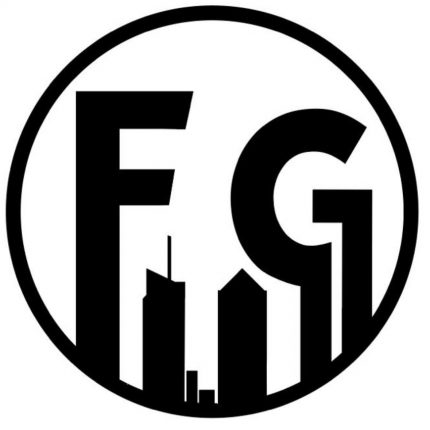 Photo de profit Facebook de Festigone. Dans un cercle noir, les lettres F et G se détachent de hautes silhouettes d'immeubles.