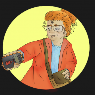 Image d'illustration pour Les Enquêtes de Lucette Girouette. Le fond est noir. Au centre d'un spot lumineux jaune clair, une personne, vue de trois quarts, dans une pause dynamique, jusqu'au bassin. C'est Lucette. Elle tend vers l'audience sa main droite, dans laquelle se trouve son téléphone en mode enregistreur. Elle a les cheveux roux, et bouclés, coiffés dans un chignon vite fait. Elle porte de grosses lunettes rectangulaires, des petits poinsons d'oreilles en forme de renard stylisé, un pull bleu clair pelucheux, et une longue veste rouge. Sa main gauche est posée sur une sacoche marron, qu'elle porte en bandoulière.